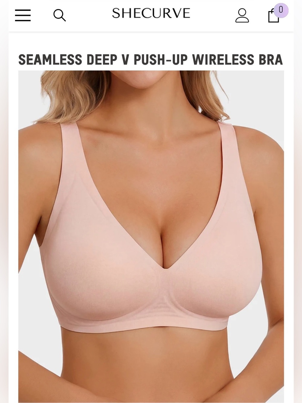 NWOT SHECURVE seamless deep V push-up wireless jelly bra in Nude Pink, size XL